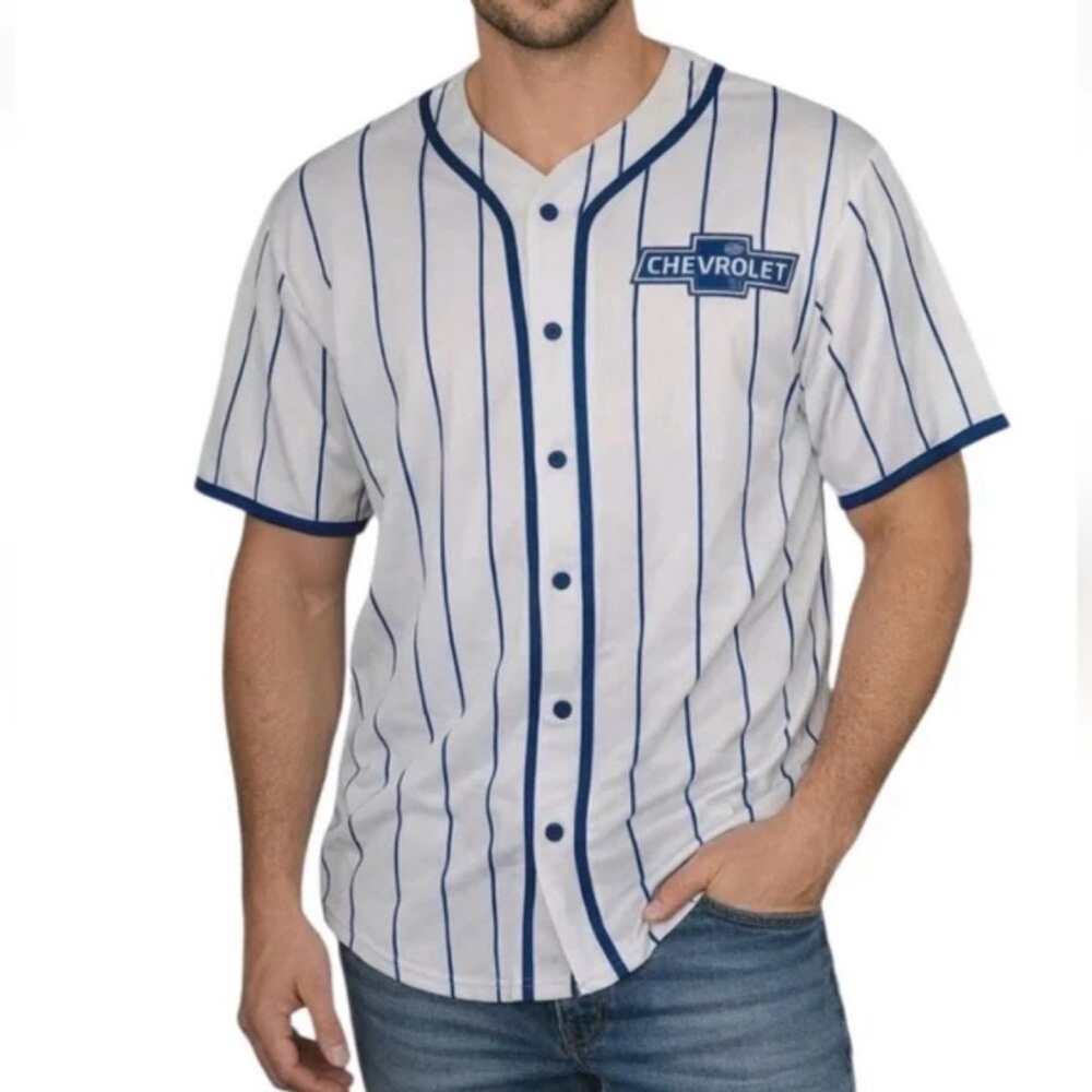 Official GM Chevrolet Racing Baseball Jersey White Blue Pinstripes NWT Size S